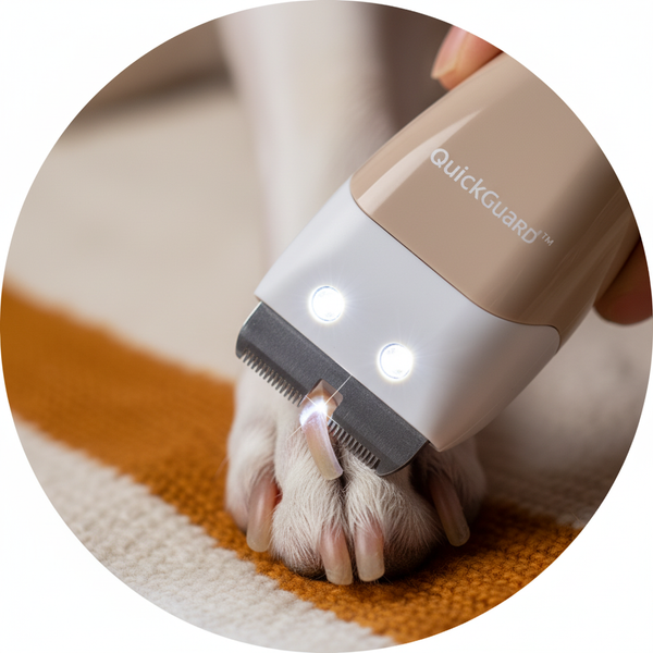 Close-up of a dog's paw with the QuickGuard nail trimmer, its LED lights illuminating the quick within the nail.